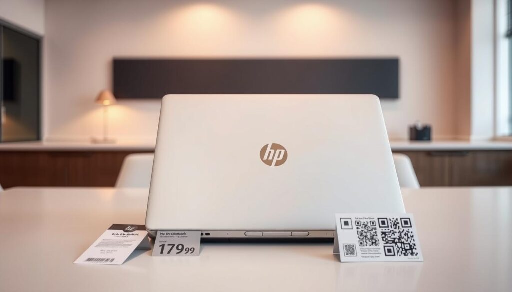 A sleek, silver HP EliteBook Ultra G1i laptop sits on a modern, minimalist desk, backlit by soft, warm lighting. The device's premium metal chassis and slim profile convey a sense of power and portability. In the foreground, a price tag and QR code provide details on availability and purchasing options. The background features a clean, professional office environment with neutral tones and clean lines, allowing the laptop to be the focal point. Overall, the scene exudes a sophisticated, high-tech aesthetic that aligns with the article's theme of "Unleash Productivity with the HP EliteBook Ultra G1i."