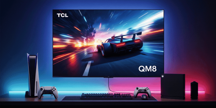 Class QM8 Series TVs Are They Worth Your 2025 Investment 4 Professional gaming battle station featuring TCL QM8 television, PlayStation 5, Xbox Series X, colorful RGB accessories and ambient LED lighting