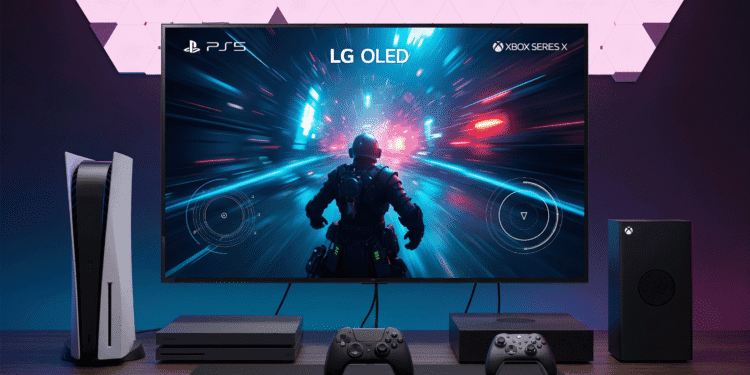 LG B4 OLED Best Entry Level OLED TV for Gaming Under 1500 2 LG B4 OLED gaming setup with PlayStation 5 and Xbox Series X showing 4K 120Hz gaming performance and HDMI 2.1 connectivity