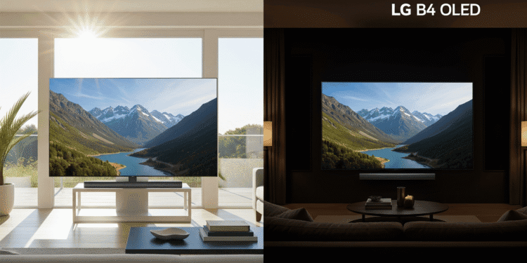 LG B4 OLED Best Entry Level OLED TV for Gaming Under 1500 3 LG B4 OLED performance comparison in bright room vs dark room showing optimal viewing conditions