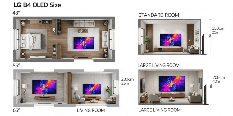 LG B4 OLED Best Entry Level OLED TV for Gaming Under 1500 4 LG B4 OLED size guide showing 48-inch, 55-inch, and 65-inch models in appropriate room setups