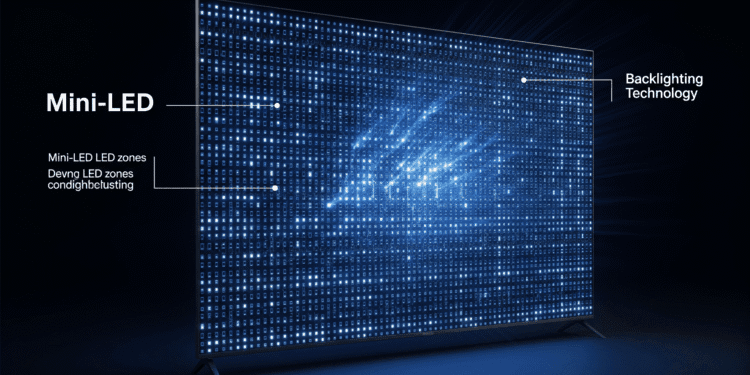 Class QM8 Series TVs Are They Worth Your 2025 Investment 2 Technical diagram of Mini-LED backlighting with thousands of LED zones creating blue-white grid pattern behind TV screen